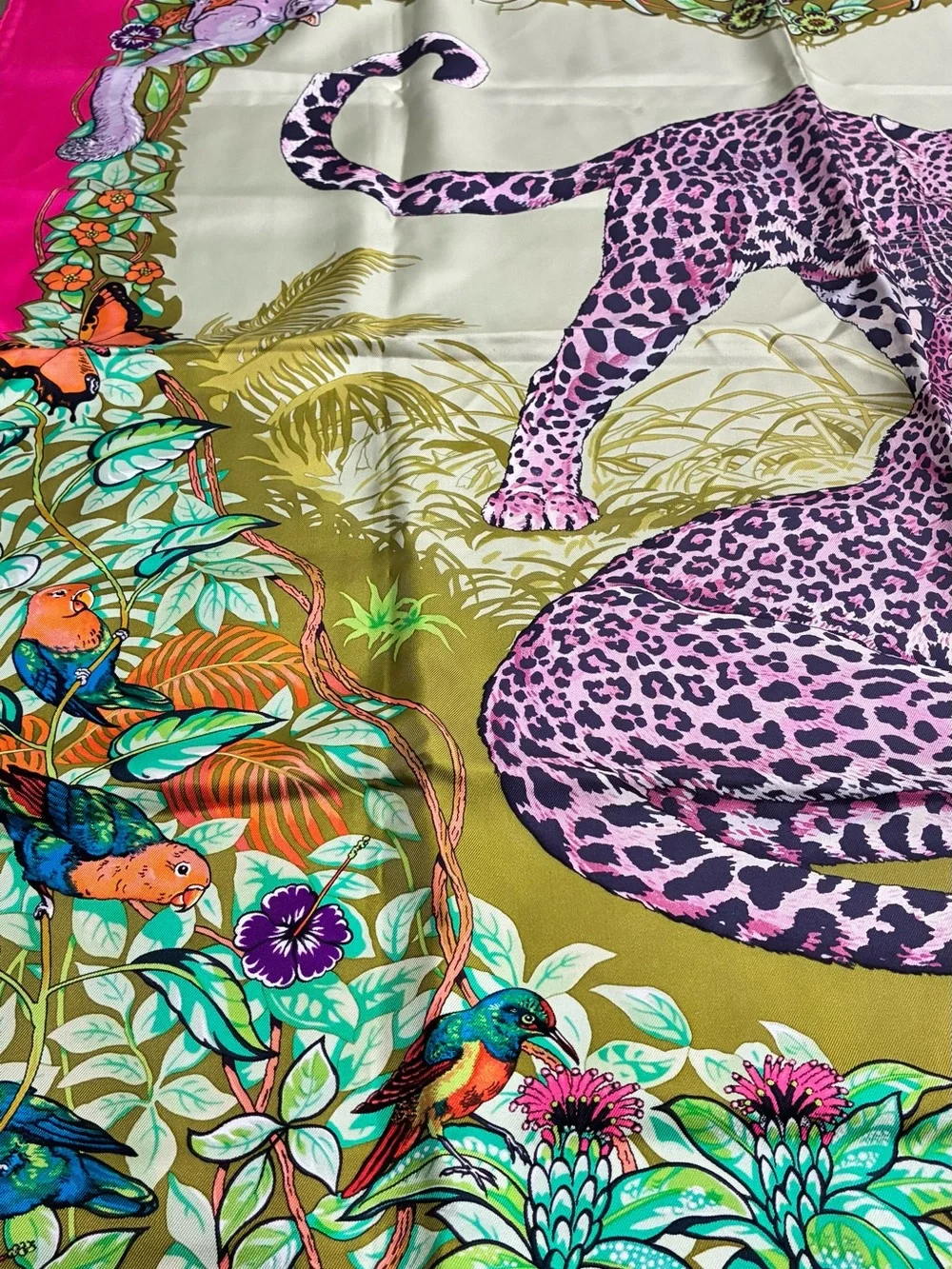 Hermes Pink & Green Leopard Silk Scarf